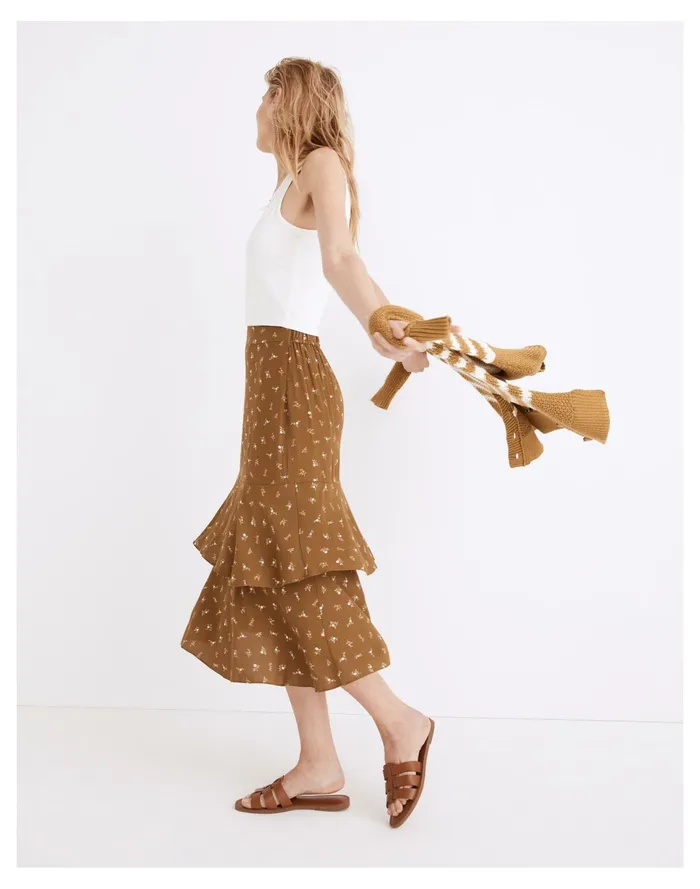 Women Ruffle Tiered Midi Skirt In Daisy Stitch Weathered Olive Madewell Skirts Women Ruffle Tiered Midi Skirt In Daisy Stitch Weathered Olive Madewell Skirts