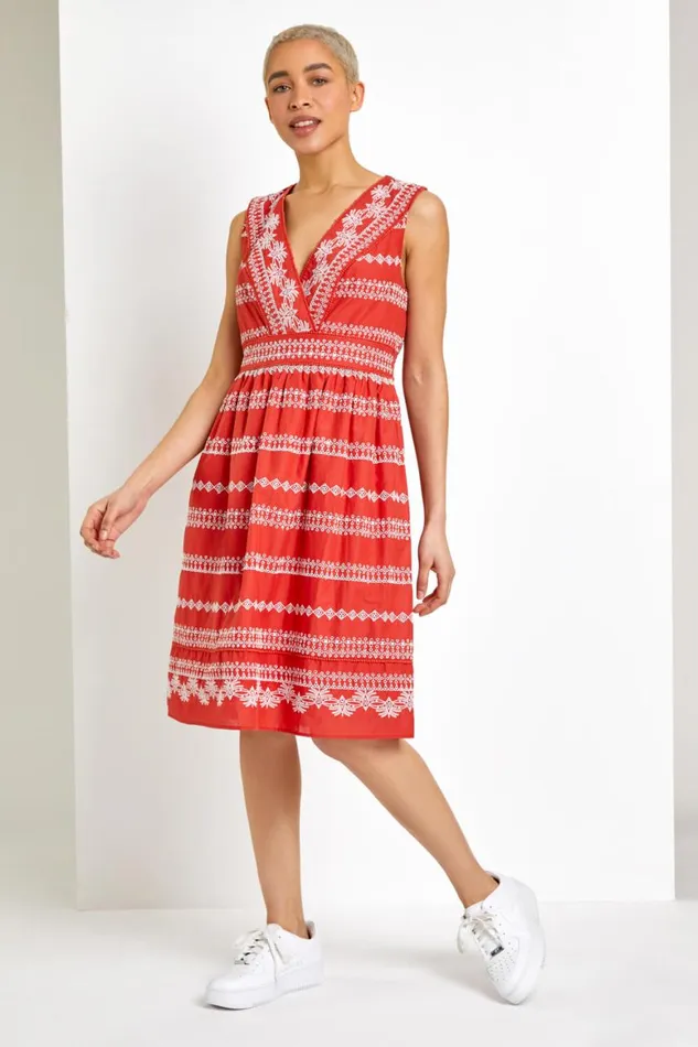 Women Rust Broderie Detail Fit and Flare Day Dress Roman Dresses