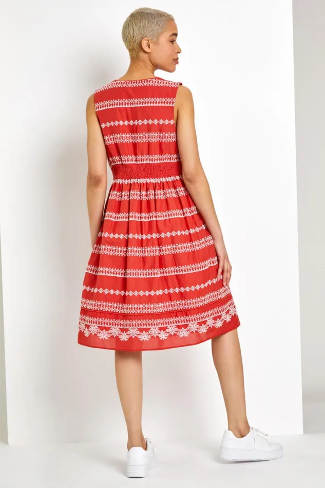 Women Rust Broderie Detail Fit and Flare Day Dress Roman Dresses