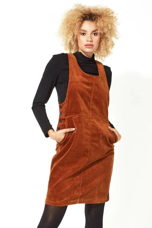 Women Rust Button Corduroy Pinafore Dress Roman Dresses
