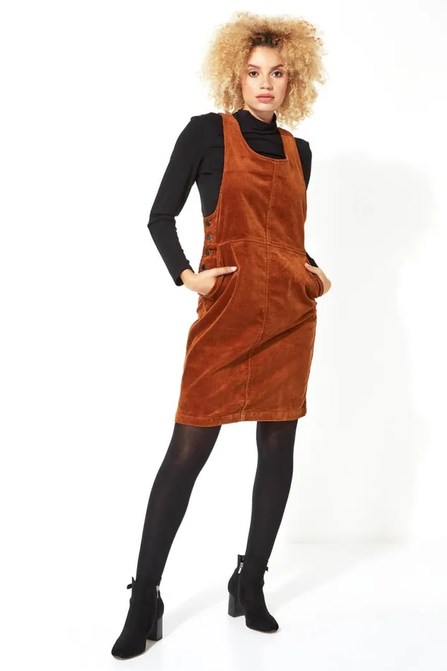 Women Rust Button Corduroy Pinafore Dress Roman Dresses