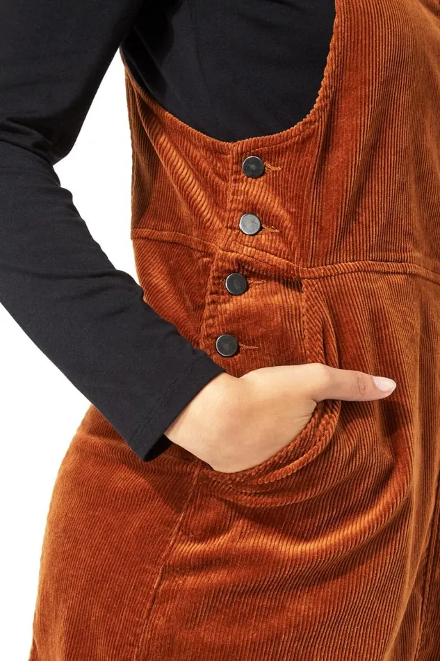 Women Rust Button Corduroy Pinafore Dress Roman Dresses