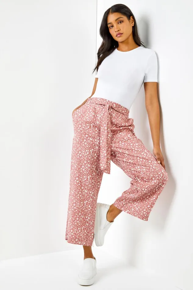 Women Rust Ditsy Floral Elastic Tie Waist Cropped Culottes Roman Trousers