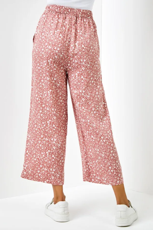 Women Rust Ditsy Floral Elastic Tie Waist Cropped Culottes Roman Trousers