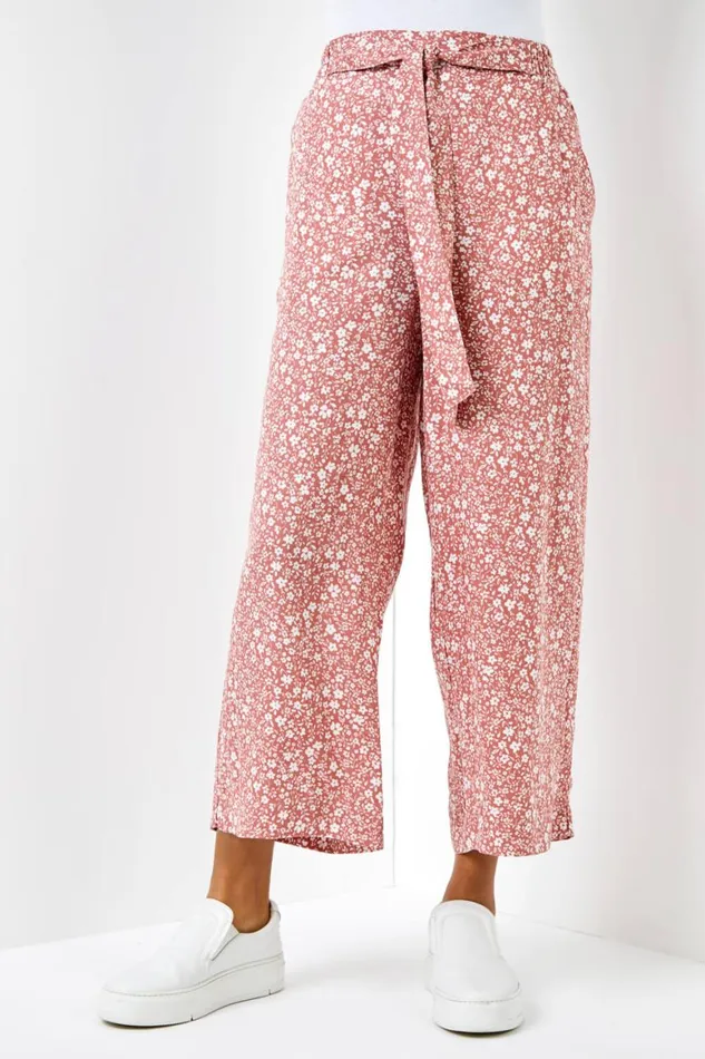 Women Rust Ditsy Floral Elastic Tie Waist Cropped Culottes Roman Trousers