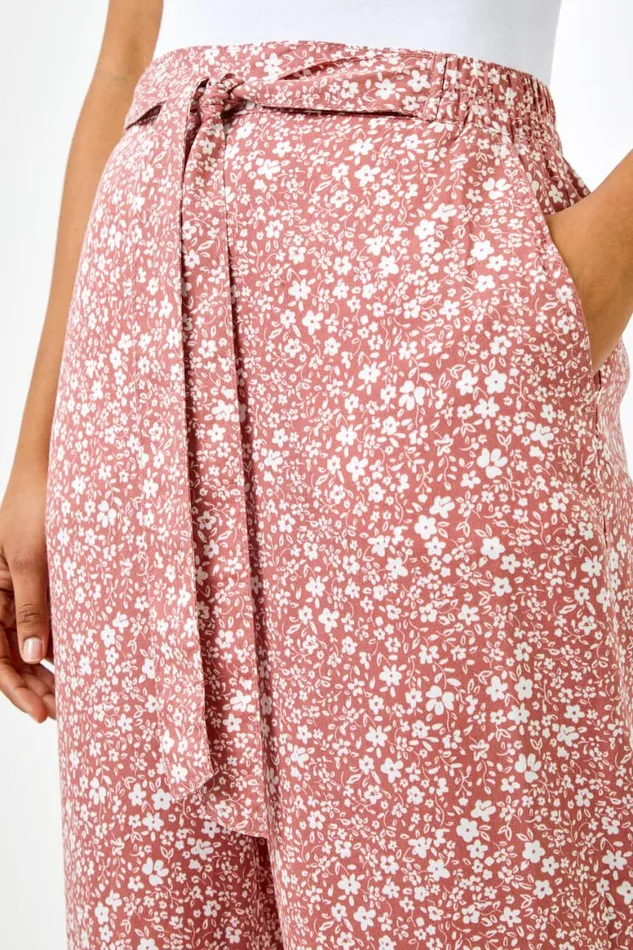 Women Rust Ditsy Floral Elastic Tie Waist Cropped Culottes Roman Trousers