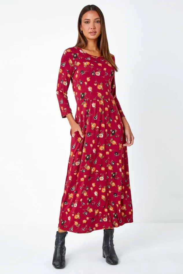 Women Rust Floral Print Pocket Detail Midi Dress Roman Dresses