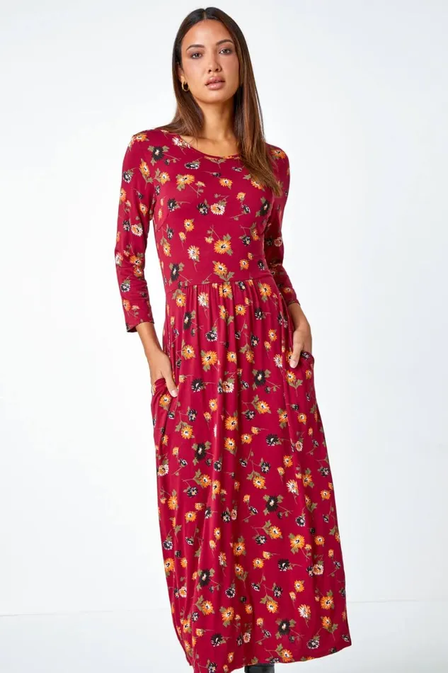 Women Rust Floral Print Pocket Detail Midi Dress Roman Dresses