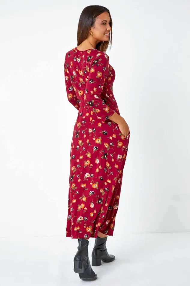 Women Rust Floral Print Pocket Detail Midi Dress Roman Dresses