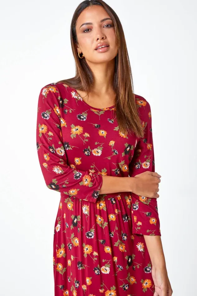 Women Rust Floral Print Pocket Detail Midi Dress Roman Dresses