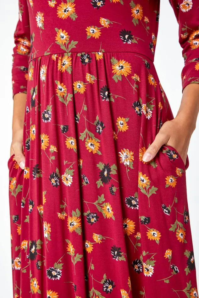 Women Rust Floral Print Pocket Detail Midi Dress Roman Dresses