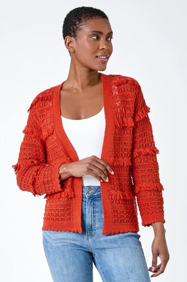 Women Rust Fringe Detail Scalloped Cotton Blend Cardigan Roman Knitwear