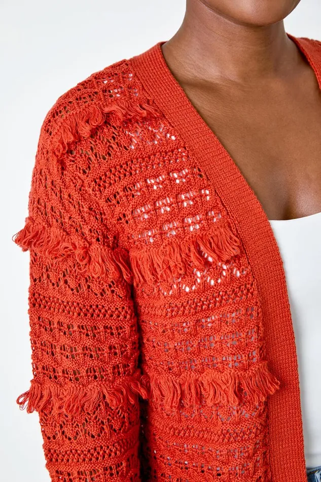 Women Rust Fringe Detail Scalloped Cotton Blend Cardigan Roman Knitwear