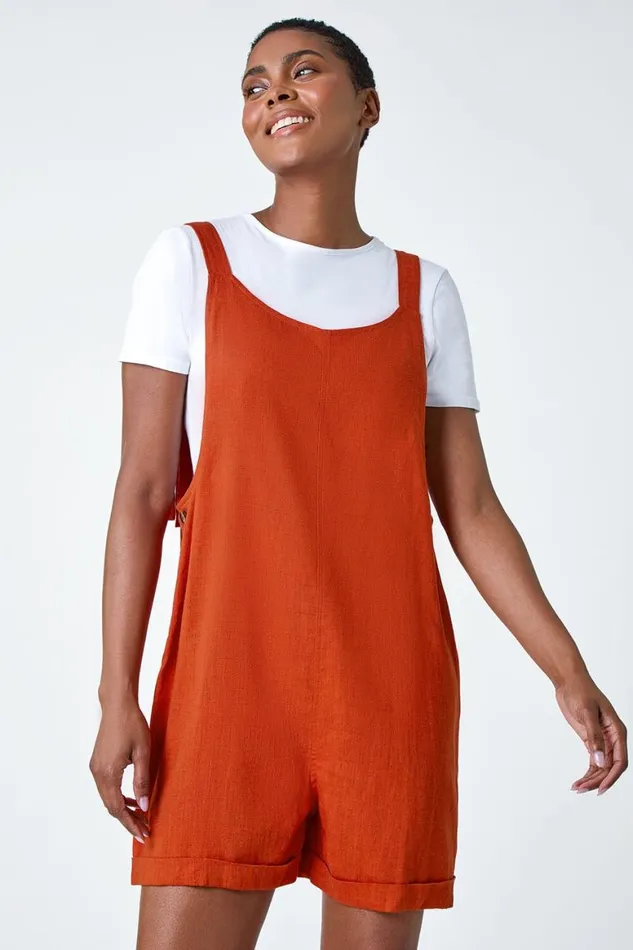 Women Rust Shoulder Tie Cotton Playsuit Roman Dresses