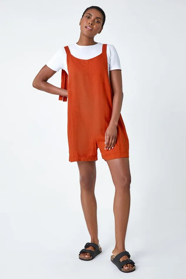 Women Rust Shoulder Tie Cotton Playsuit Roman Dresses
