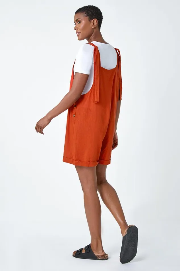 Women Rust Shoulder Tie Cotton Playsuit Roman Dresses