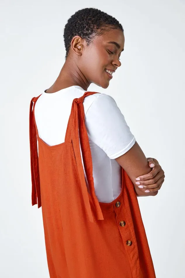 Women Rust Shoulder Tie Cotton Playsuit Roman Dresses