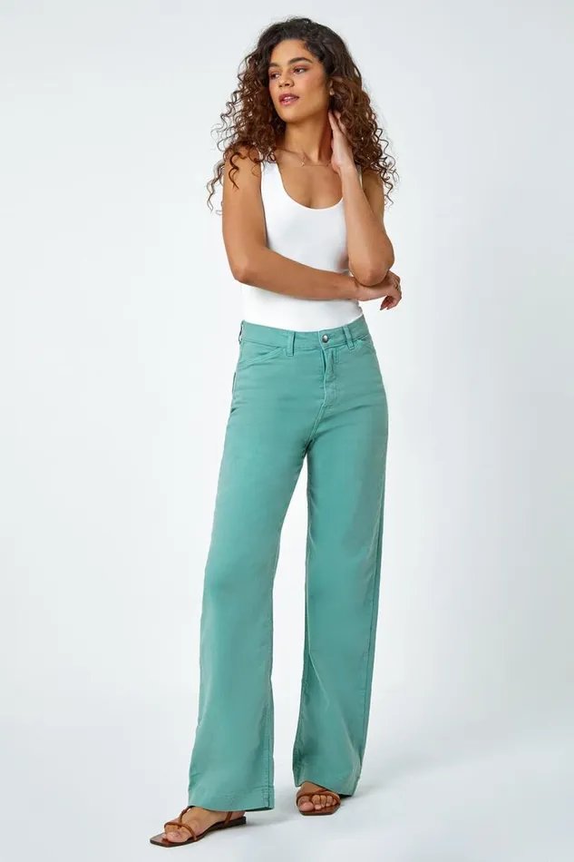 Women Sage Cotton Blend Wide Leg Stretch Jeans Roman Trousers