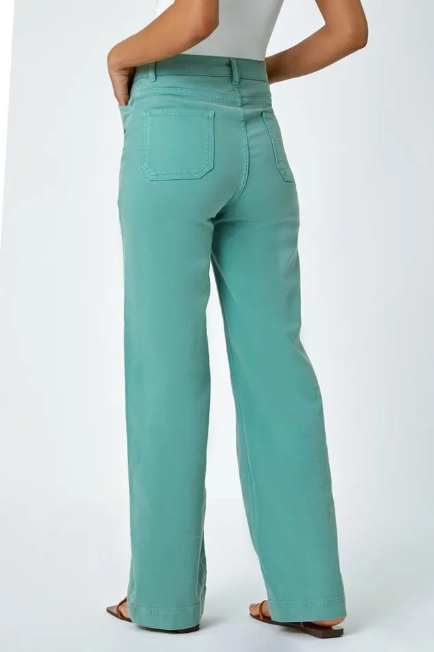 Women Sage Cotton Blend Wide Leg Stretch Jeans Roman Trousers