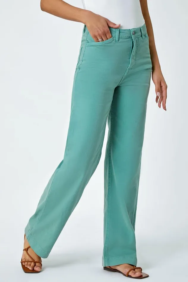 Women Sage Cotton Blend Wide Leg Stretch Jeans Roman Trousers