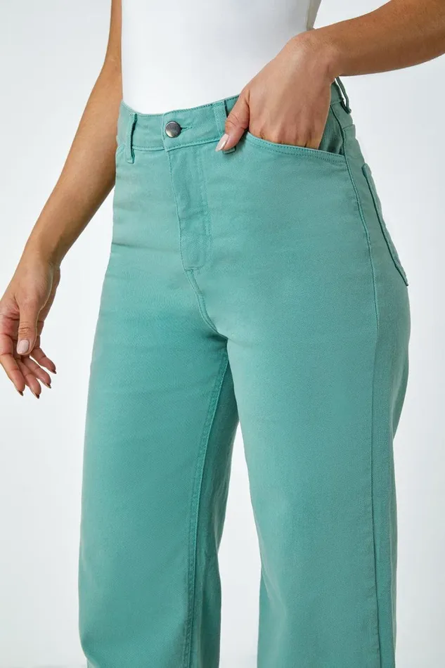 Women Sage Cotton Blend Wide Leg Stretch Jeans Roman Trousers