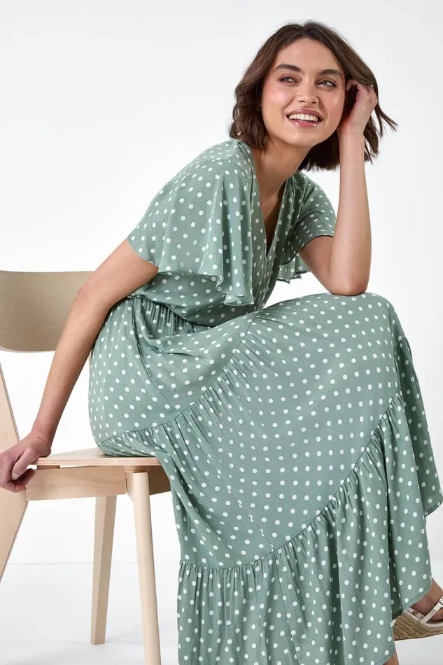 Women Sage Polka Dot Tiered Smock Dress Roman Dresses