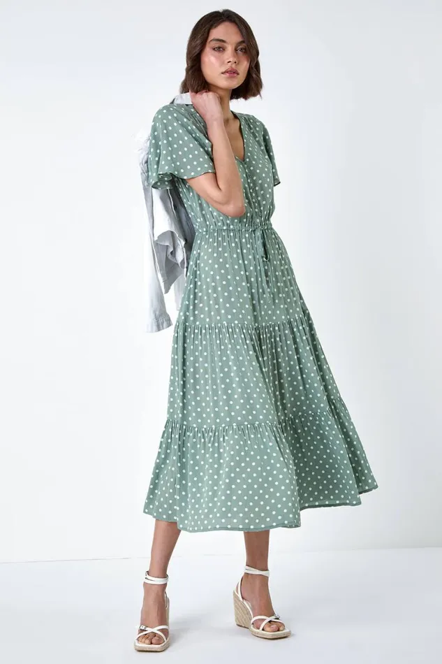 Women Sage Polka Dot Tiered Smock Dress Roman Dresses