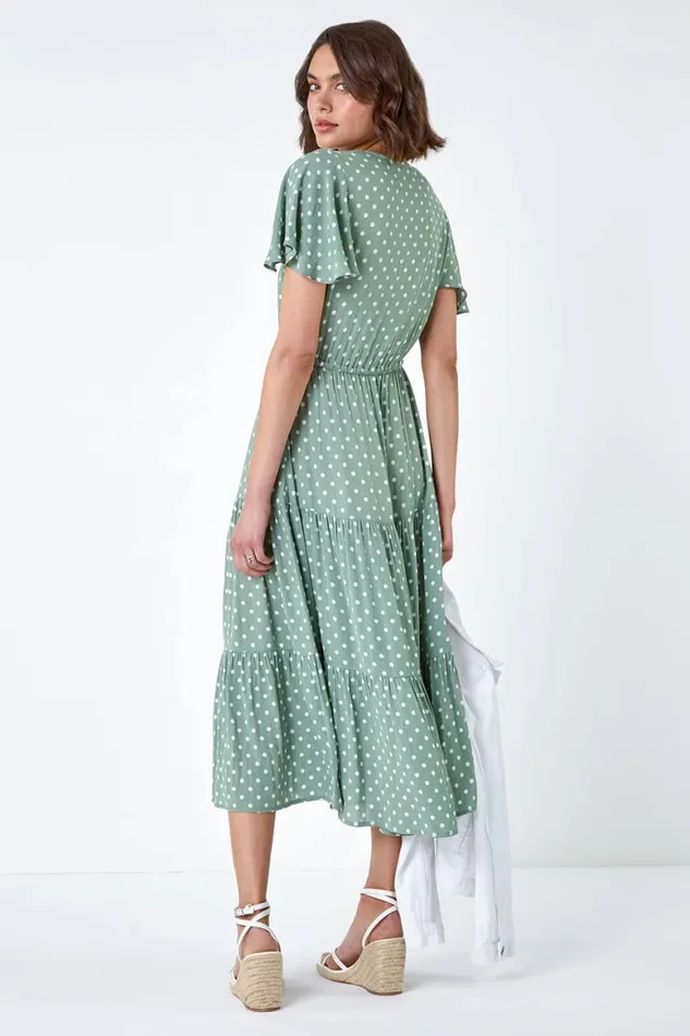 Women Sage Polka Dot Tiered Smock Dress Roman Dresses