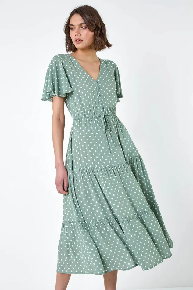 Women Sage Polka Dot Tiered Smock Dress Roman Dresses