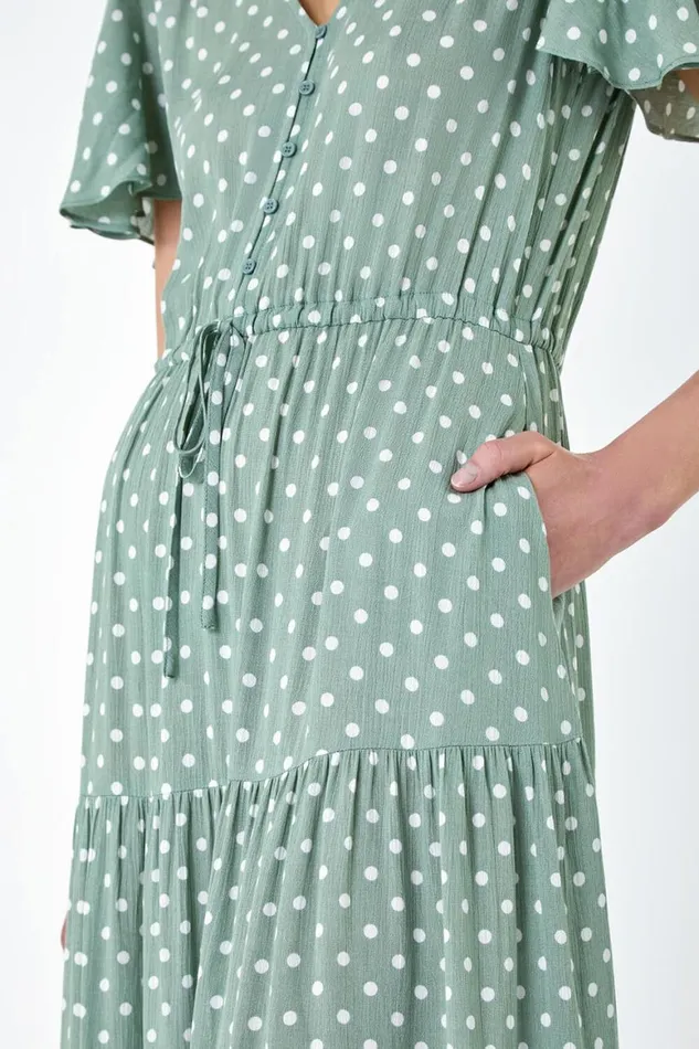 Women Sage Polka Dot Tiered Smock Dress Roman Dresses