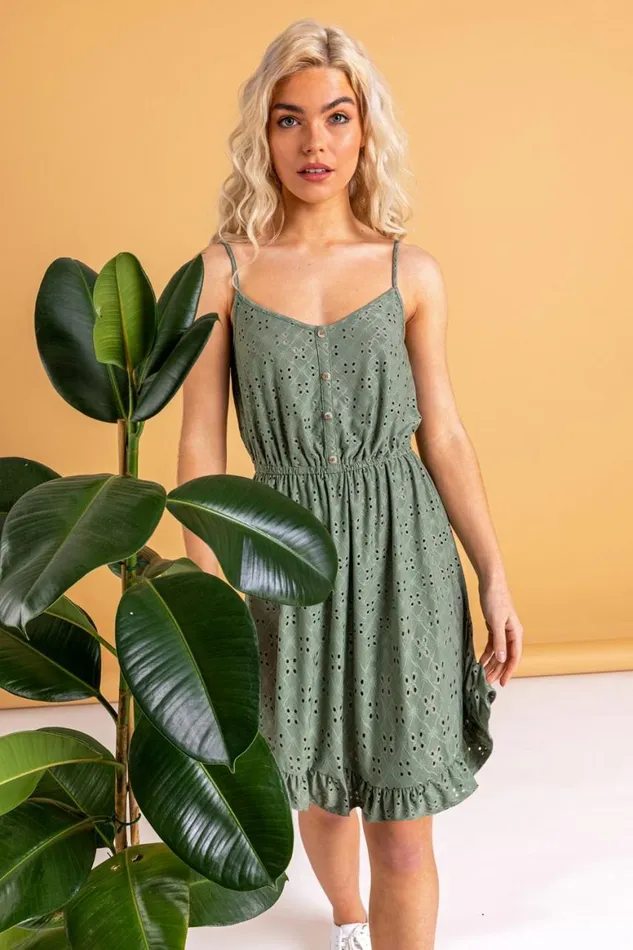 Women Sage Strappy Frill Hem Skater Dress Roman Dresses