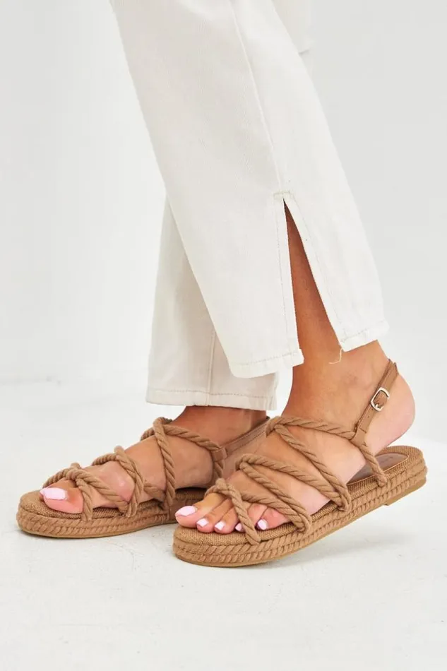 Women Sandales En Corde Et Coton Brides Taupe Brown Brentiny Paris Sandals