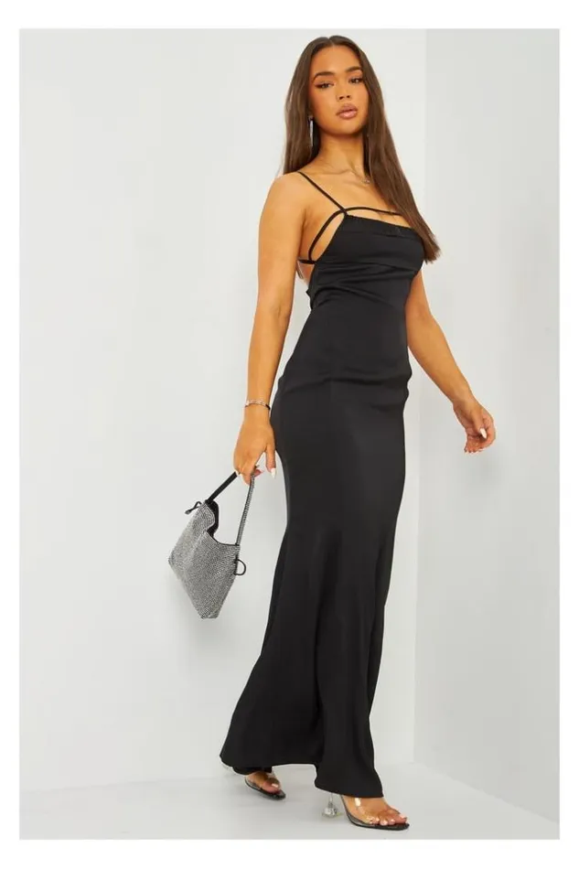Women Satin Cami Maxi Dress With Open Back In Black Black Brentiny Paris Ceremonial Outfits