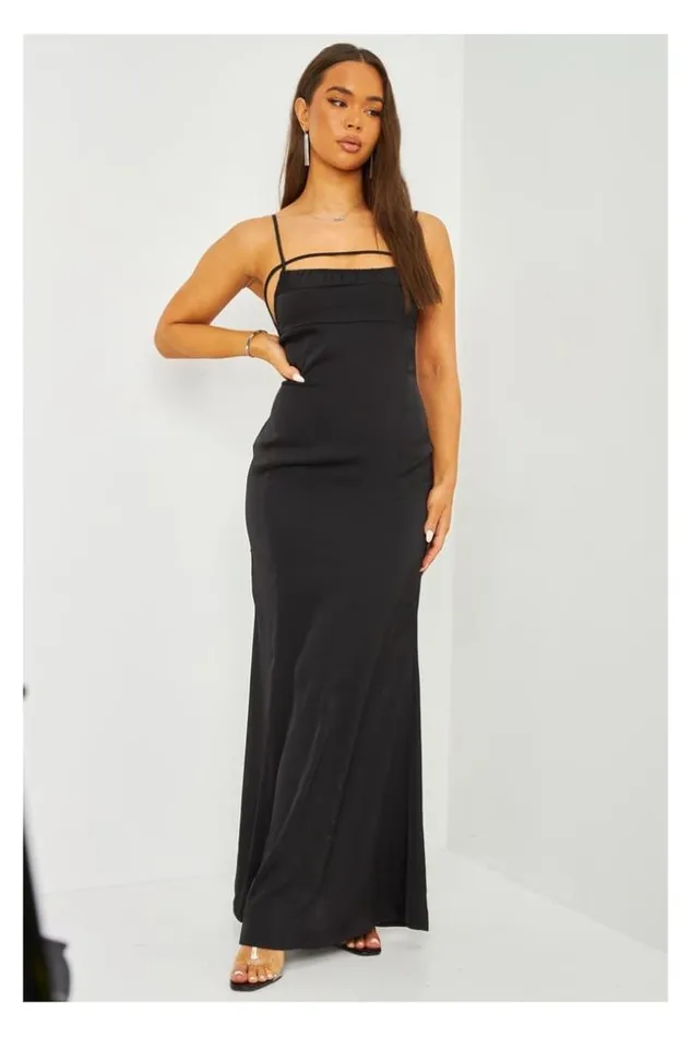 Women Satin Cami Maxi Dress With Open Back In Black Black Brentiny Paris Ceremonial Outfits