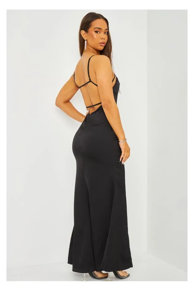 Women Satin Cami Maxi Dress With Open Back In Black Black Brentiny Paris Ceremonial Outfits