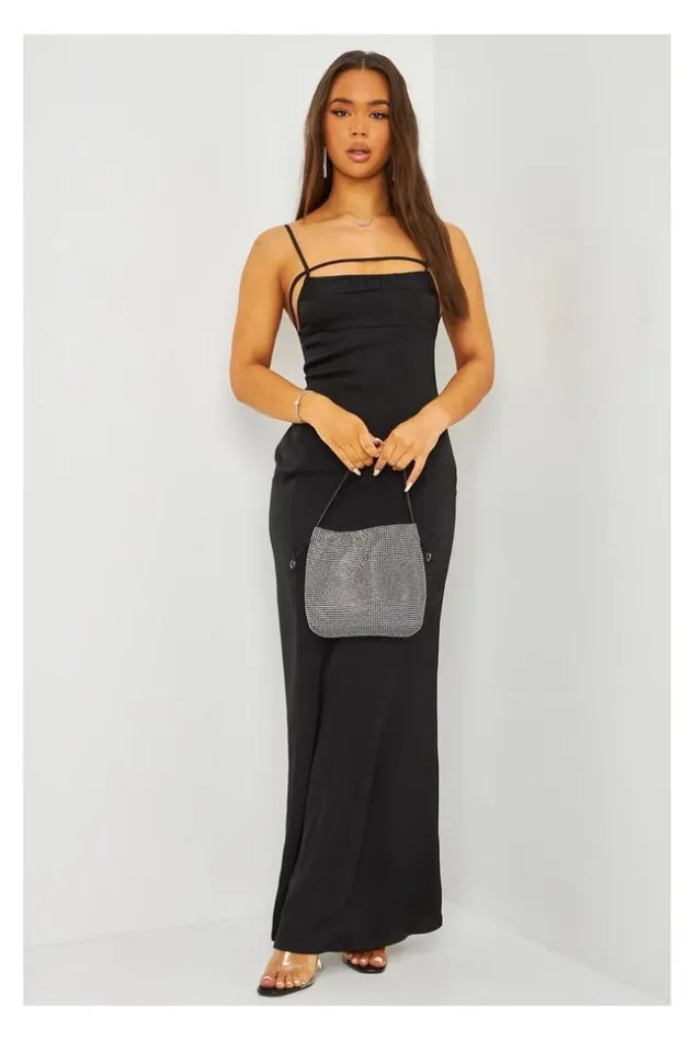 Women Satin Cami Maxi Dress With Open Back In Black Black Brentiny Paris Ceremonial Outfits