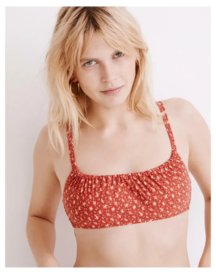 Women Second Wave Gathered Bikini Top In Ditsy Floral Scarlet Madewell Swim