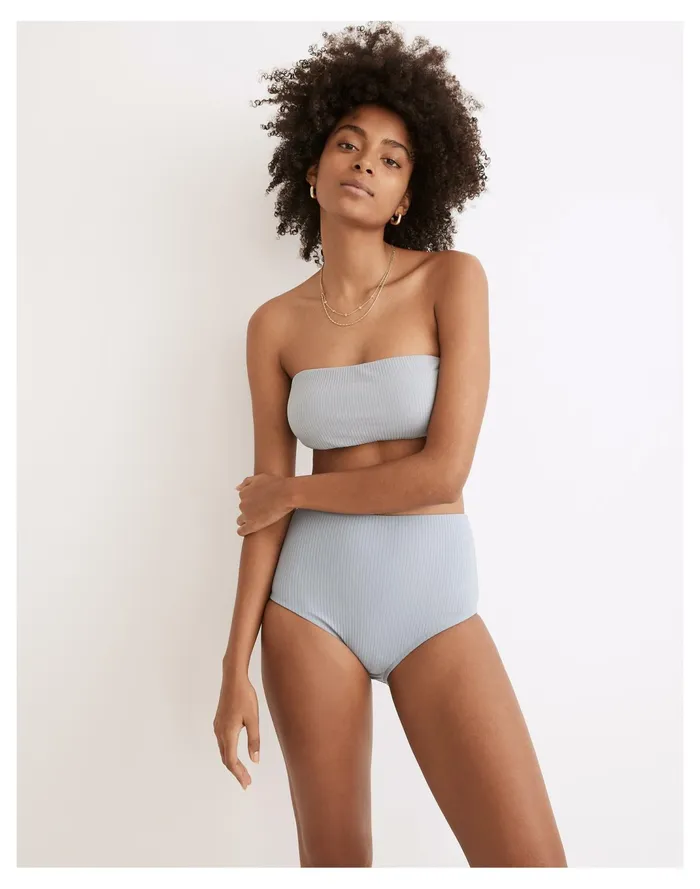 Women Second Wave Ribbed Retro High Waisted Bikini Bottom Americana Blue Madewell Swim