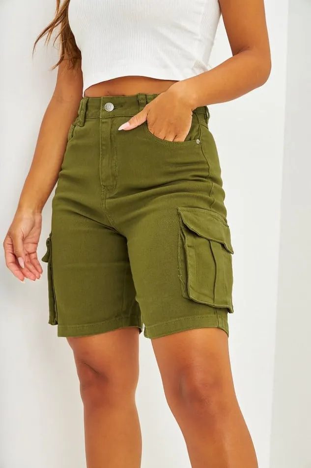 Women Short Cargo En Jean Noir Khaki Brentiny Paris Shorts