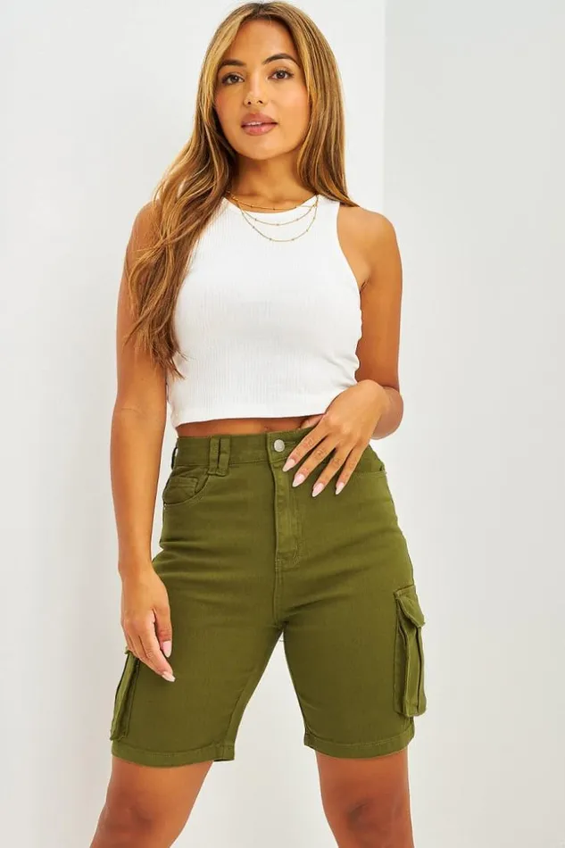 Women Short Cargo En Jean Noir Khaki Brentiny Paris Shorts