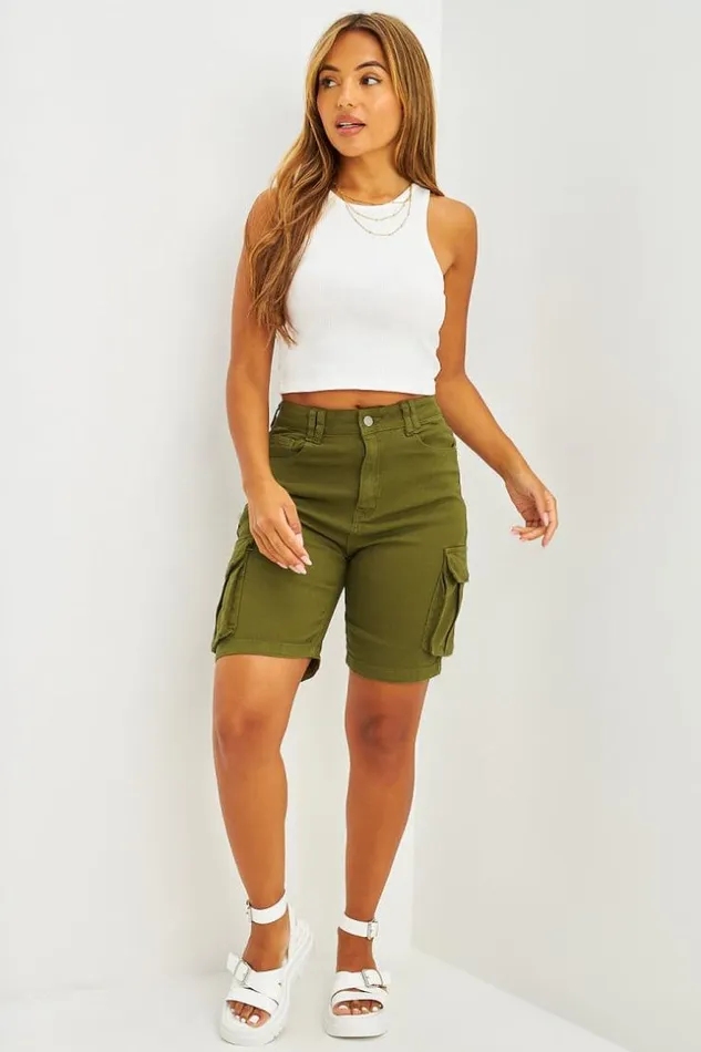 Women Short Cargo En Jean Noir Khaki Brentiny Paris Shorts