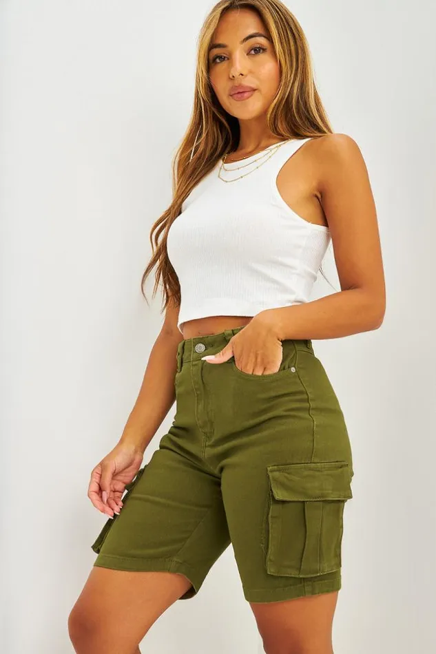 Women Short Cargo En Jean Noir Khaki Brentiny Paris Shorts