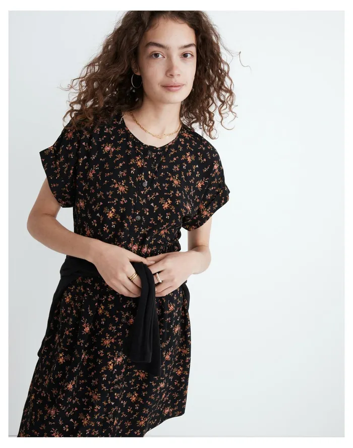 Women Short Sleeve Button Front Mini Dress In Fresh Sprigs True Black Madewell Dresses