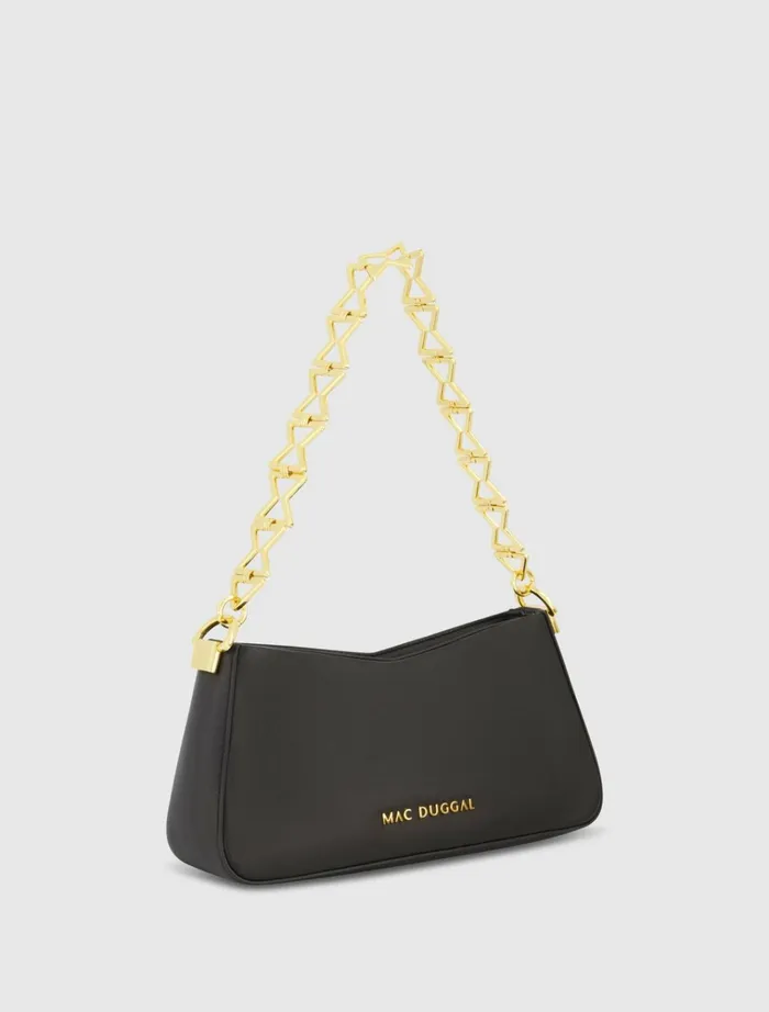 Women Shoulder Bags Mac Duggal Gold Strap Small Black Nappa Leather Shoulder Bag 8211 FINAL SALE Black