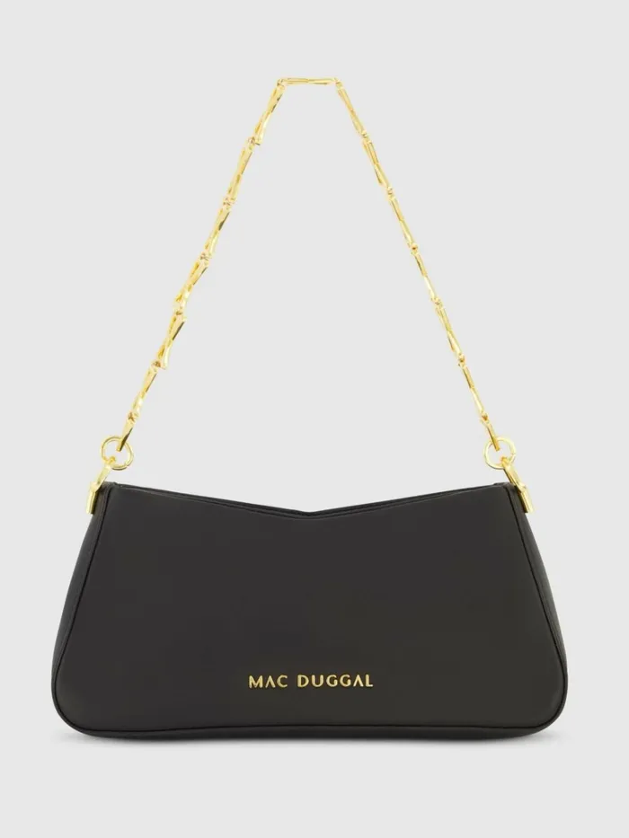 Women Shoulder Bags Mac Duggal Gold Strap Small Black Nappa Leather Shoulder Bag 8211 FINAL SALE Black