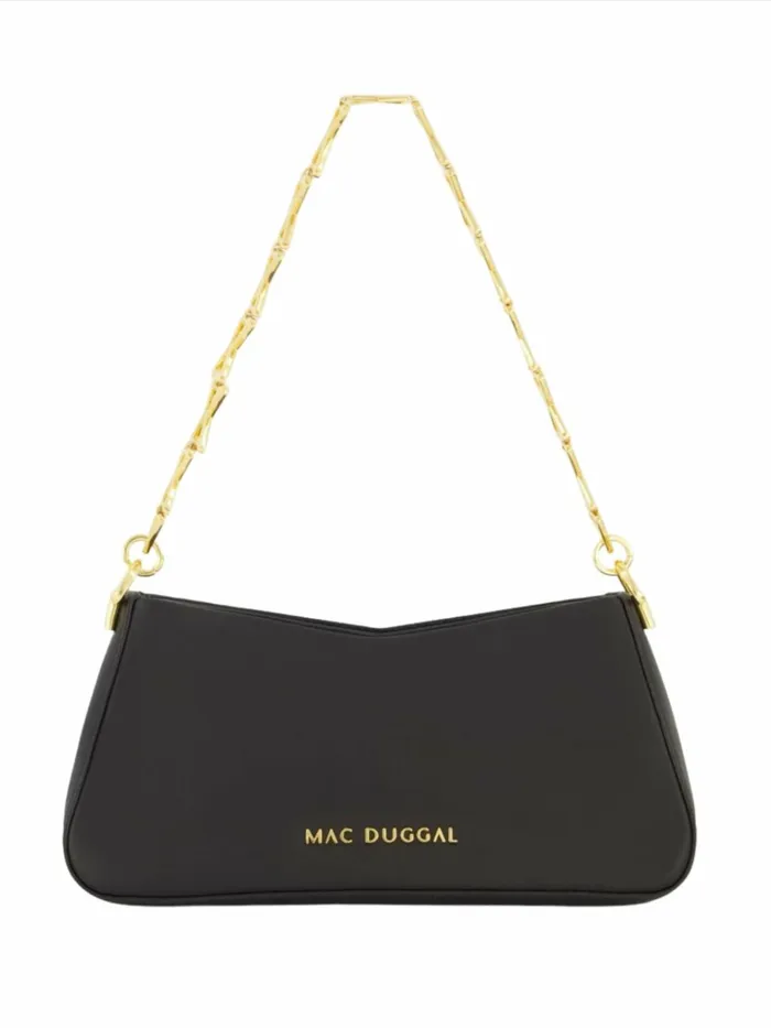 Women Shoulder Bags Mac Duggal Gold Strap Small Black Nappa Leather Shoulder Bag 8211 FINAL SALE Black