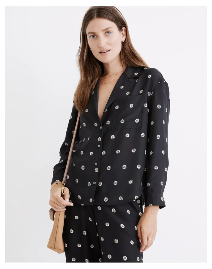 Women Silk Pajama Shirt In Bloom Dot True Black Madewell Pajamas Women Silk Pajama Shirt In Bloom Dot True Black Madewell Pajamas