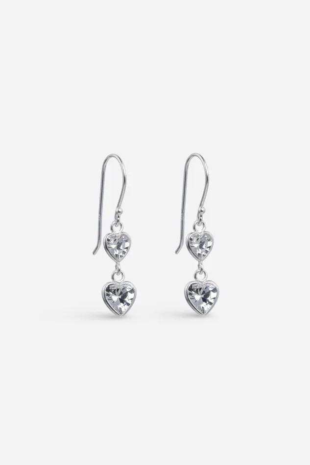 Women Silver 64mm Sterling Silver Double Cubic Zirconia Heart Drop Earrings Roman Jewellery