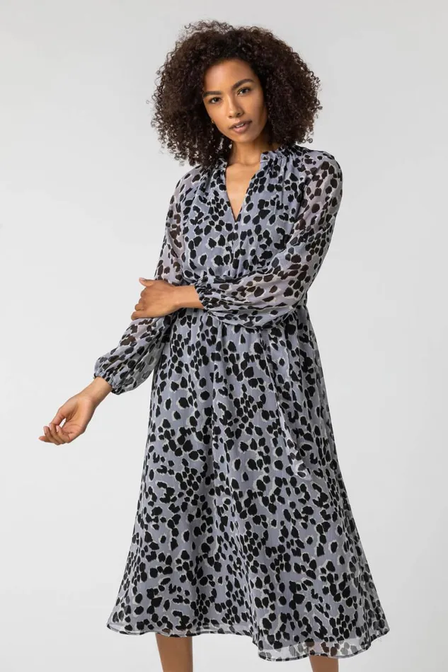 Women Silver Animal Print Belted Chiffon Midi Dress Roman Dresses
