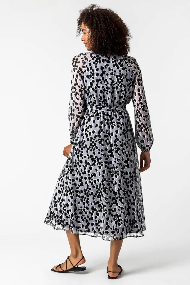 Women Silver Animal Print Belted Chiffon Midi Dress Roman Dresses